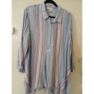 VINTAGE AMERICA Striped Tunic Shirt Womens Size L Blue Red White Roll Tab Sleeve